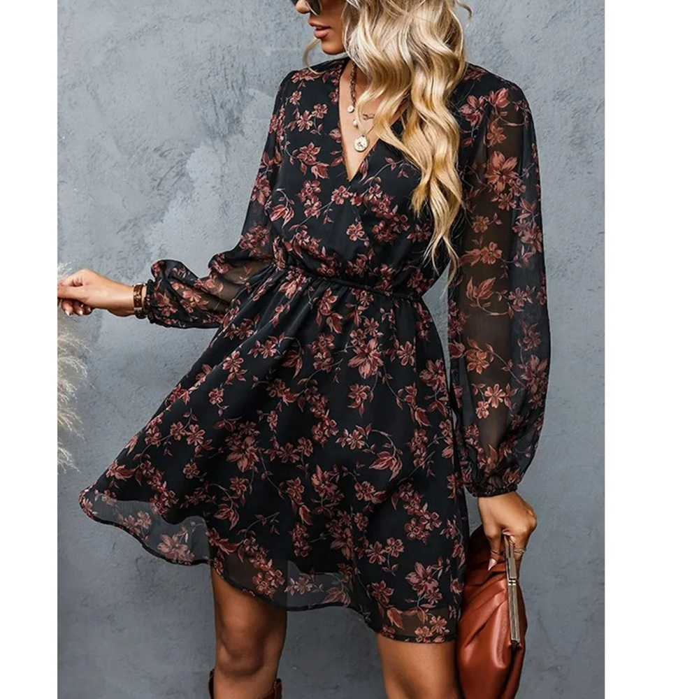 CUPSHE Women's Floral Print Chiffon A-Line Mini Dress Long Peasant Sleeves